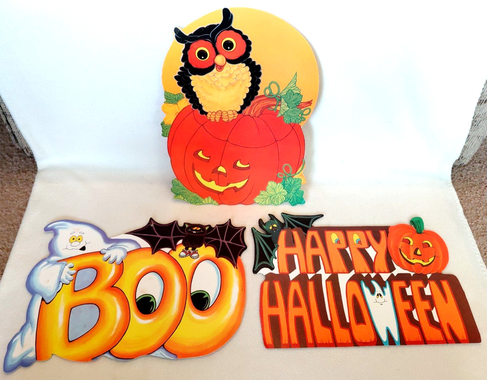 3 Vtg 1970s Eureka Halloween Die-Cut Cutout Decorations Owl/Ghosts/Bats/Pumpkins